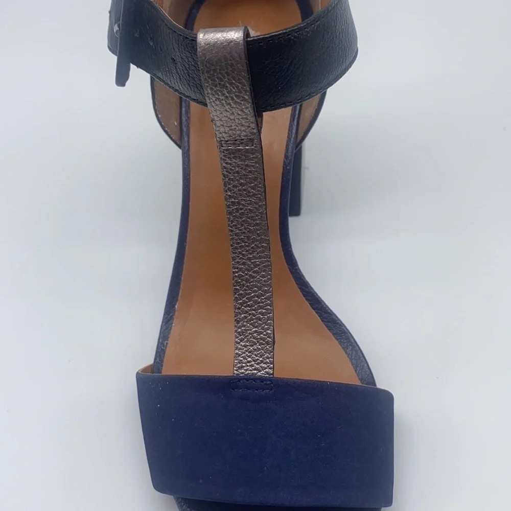 True Soul - Blue Suede And Black and Silver Leather Open Toe Heels Size 7